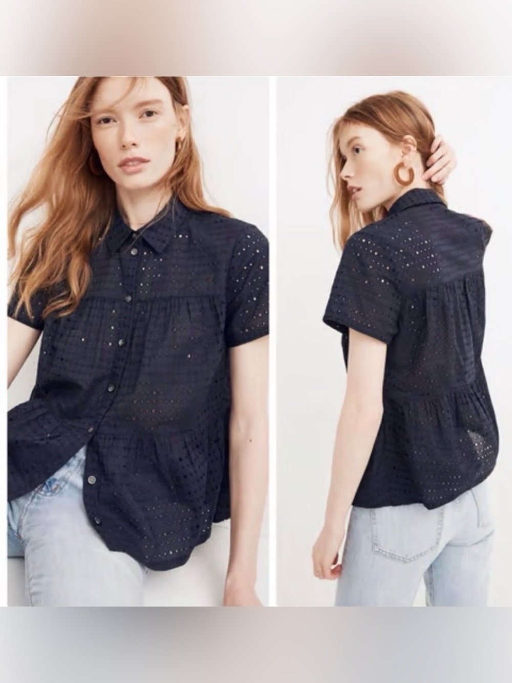 Madewell Black Eyelet Button-Front Peplum Blouse - Size Small
